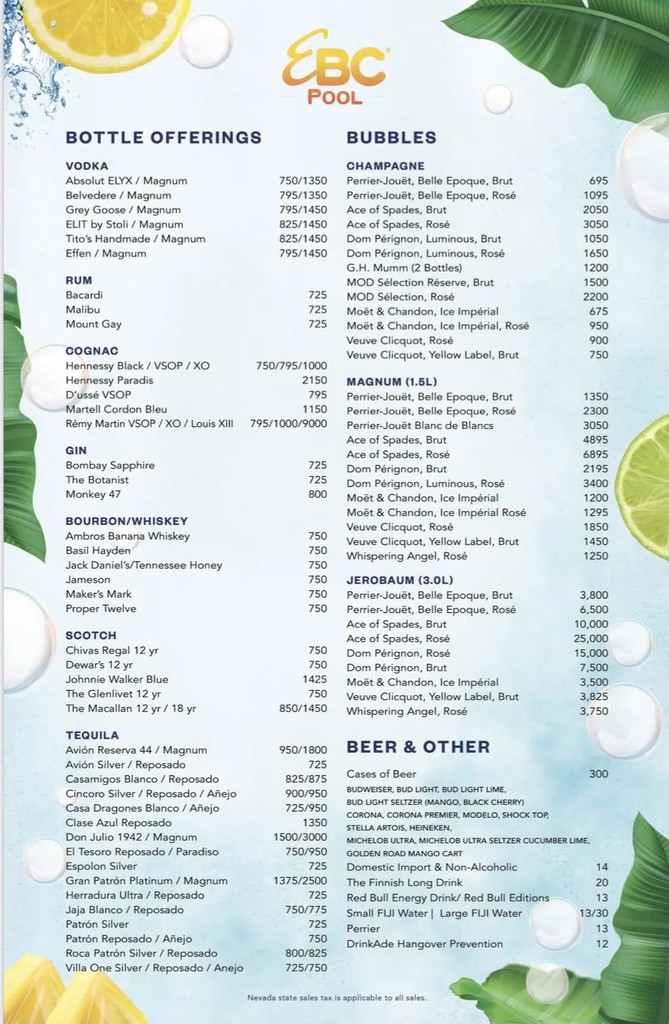 encore beach club menu