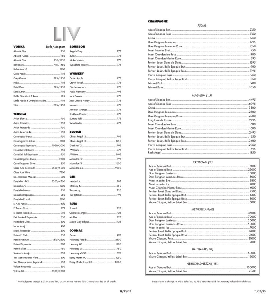 liv las vegas bottle menu