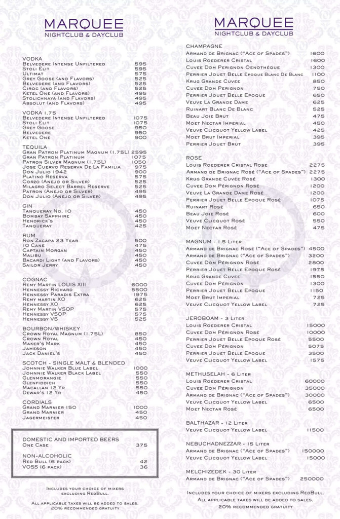 marquee dayclub menu