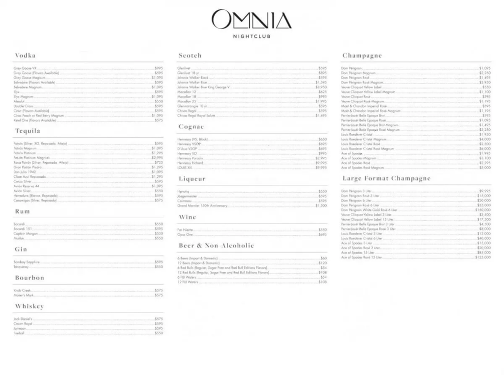 omnia vegas bottle menu