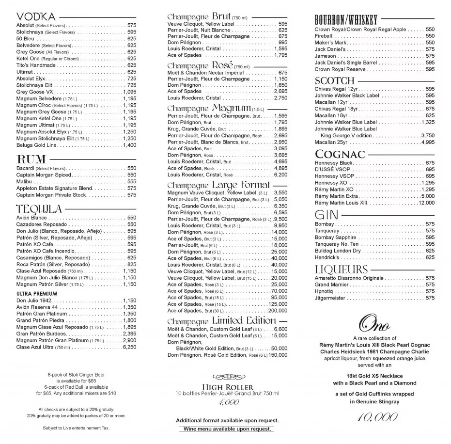 xs nightclub bottle menu